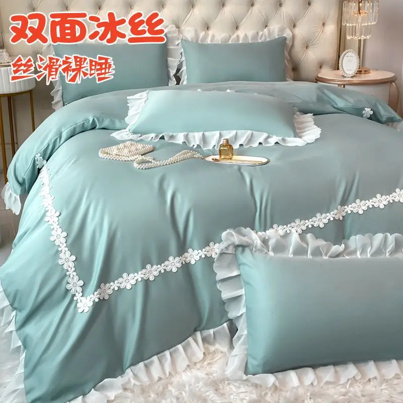 

Princess style double-sided ice silk sheets four-piece summer quilt cover thin silky sleeping naked Internet celebrities light