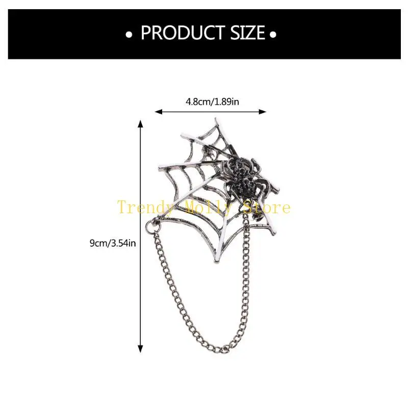 N5KB Punk Spiders Net Lapel Pin with Chain Halloween Costume Jewelry Accessories for Women Men, Punk Chain Brooch Lapel Pin