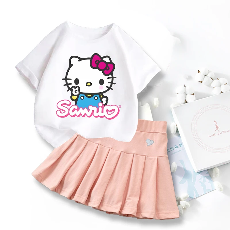 New Hello Kitty Sanrio T-shirts Skirt Set Cute Kuromi Cinnamoroll Graphic T-shirt Kawaii Children Tops Summer Girls Clothes