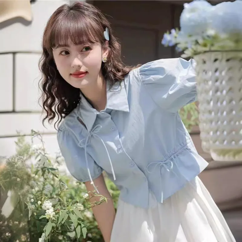 

2024 Summer Korean baby girl dress Collar Flip Student Short sleeved Shirt Women's Solid Color Top Women's Children's Short
