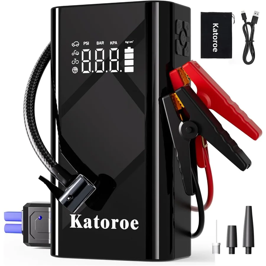 

Portable Jump Starter with Air Compressor for Cars: 5000A Peak Current Supports 9.0L Gas and 7.0L Diesel Engines 150PSI Tire In