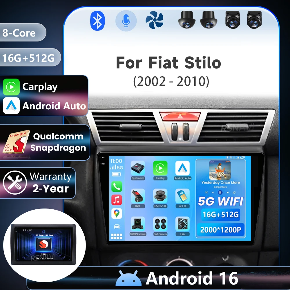 Qualcomm Plug-and-Play Android 16 für Fiat Stilo 2001 - 2010 2K QLED Android Autoradio Multimedia-Videoplayer CarPlay 4G Stereo