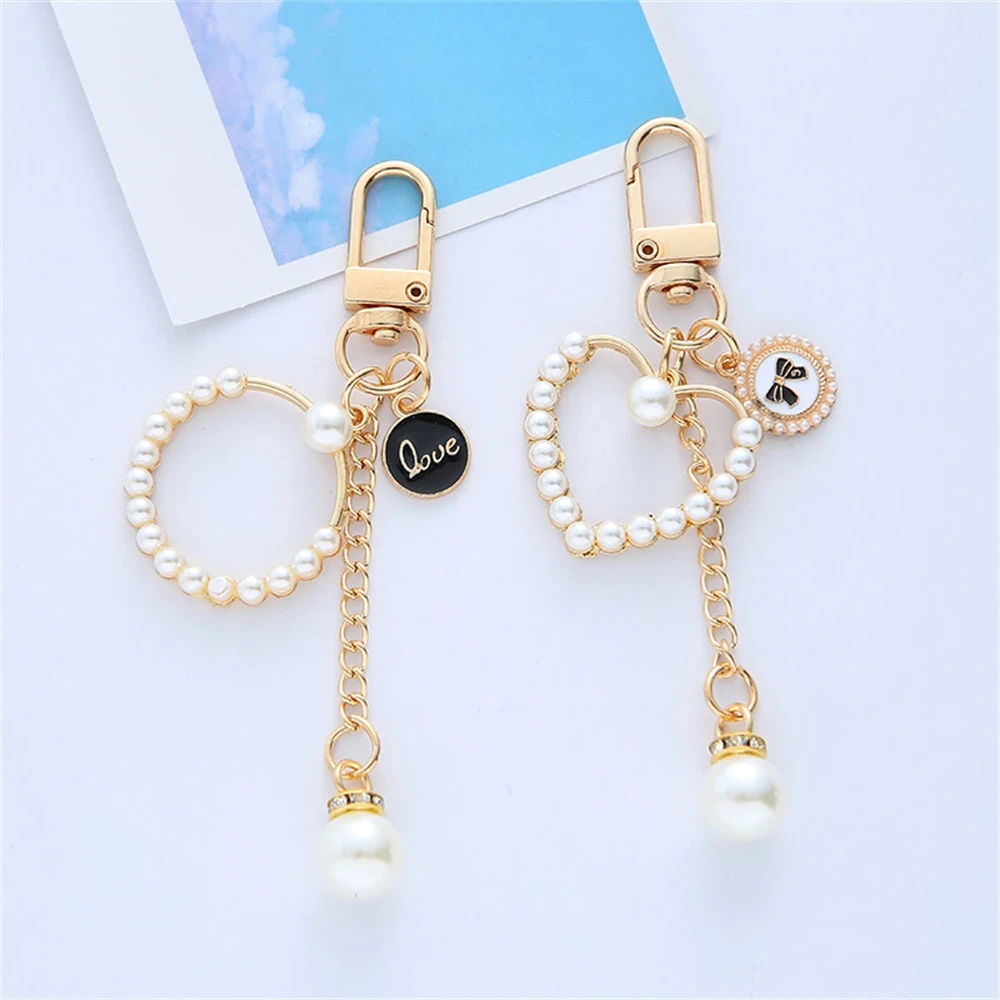 Cute Keychain Pearl Heart Keychain Cute Bow Pendent for Women Girls  Headphone Case Car Key Ring Jewelry Car Accessories