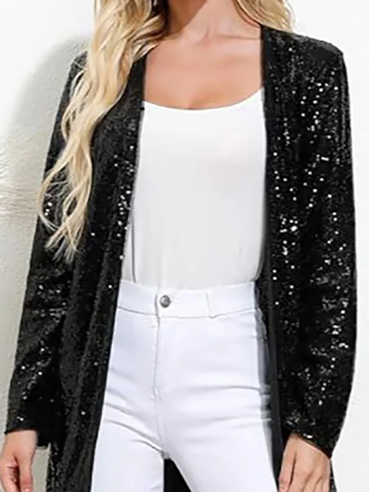 

Elegant Lady Casual Pure Color Commute Outwear Fall New Long Sleeve Sequins Cardigans Fashion V-neck Loose Glitter Oversize Coat