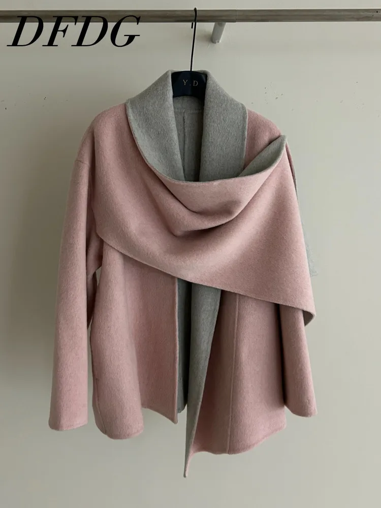 

DFDG 2025 Autumn Winter Women's Double Faced Cashmere Coat Detachable Scarf Korean Mid-Long Overcoat Warm Wool Blend Jacket