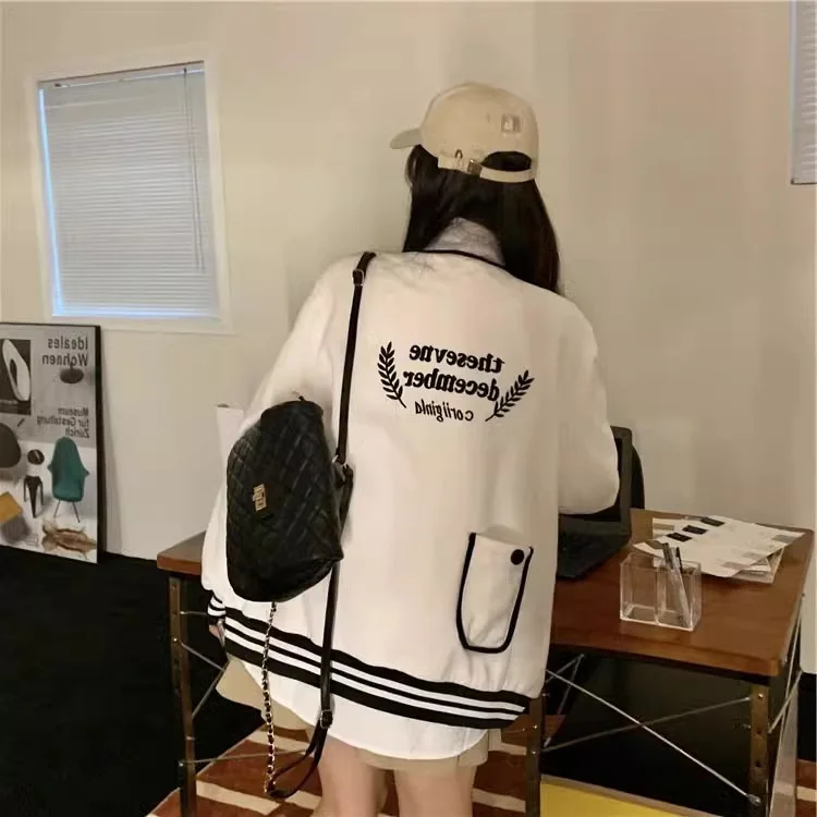 Women Loose Baseball Coat Stand Collar Student Pockets Jacket Open Cardigan Button Closure Letter Print Patchwork Color Jacket