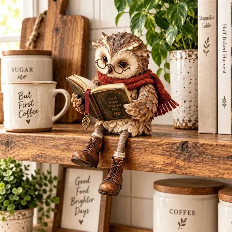 Reading Owl Figurine Resin Statue with Glasses and Scarf Vintage Bookshelf Shelf Sitter Home Decor Gift for Book Lovers