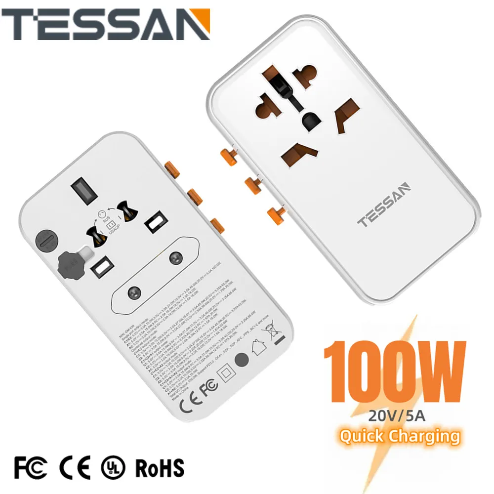 

TESSAN 65W/100W GaN Worldwide Travel Adapter with USB Type-C Fast Charging Universal Power Adapter EU/UK/USA/AUS Plug for Travel