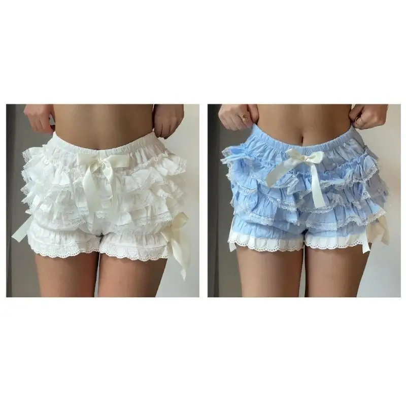 652F Women Layered Ruffled Lace Pumpkin Shorts Bow Vintage Bloomers Underpant
