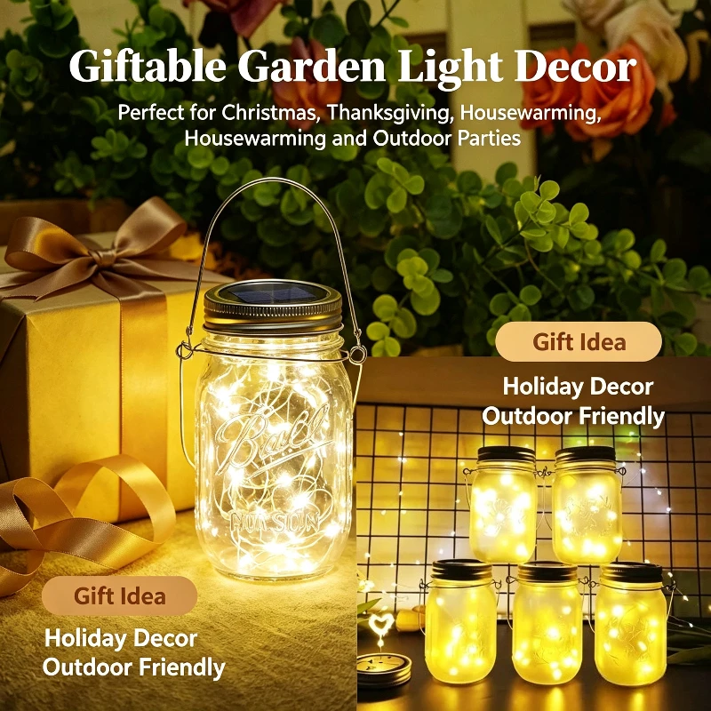Solar Mason Jar Lights, 20 LED Fairy String Jar Lid Light with Handle for Garden Patio Wedding Party Decor (No Jar)