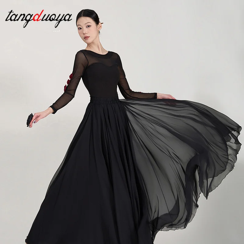 ชุดจั๊มสูทเต้นรำพร้อมแผ่นรองหน้าอกสำหรับผู้หญิง ผ้าตาข่ายโชว์หลัง ชุดเต้นลาตินแขนยาวลายดอกกุหลาบ 3 มิติ เสื้อยืดออกกำลังกายโยคะ เซ็กซี่