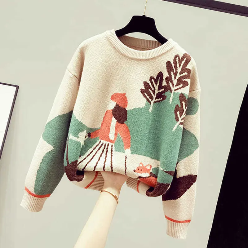 Cartoon Casual Chic Acrylic Knitted O-Neck Thick Loose Pullover Women\'s Sweater Female Sweaters Top Woman Clothing Fashion 2024