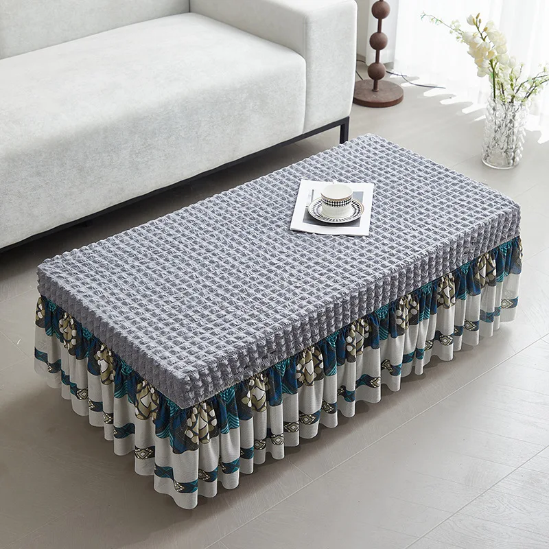 Bubble Gauze Skirt Tea Table Set Elastic Full Package Dining Table Cover Living Room Rectangular Tea Table Cover Dust Cover