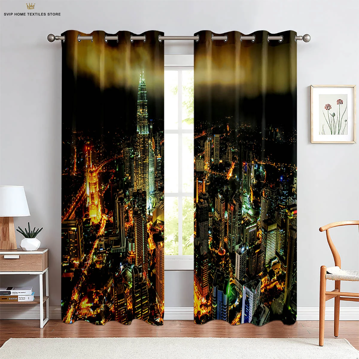 

City Building 3D Printing Curtain, Night View Scenery, Bedroom, Living Room, Kitchen, Decorative, Easy to Wash and Care, 2 Pcs