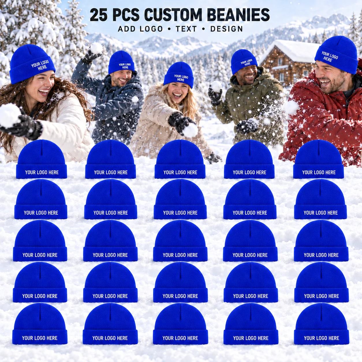 Pack of 25 Customizable Knitted Warm Beanies | Supports Custom Logos, Images, or Text | Unisex Cold-Weather Outdoor Beanies for