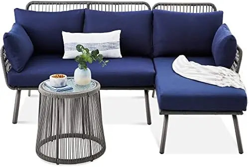 Outdoor L-Shaped Patio Sofa Set with Cushions, Lounger, Side Table - Gray/Navy