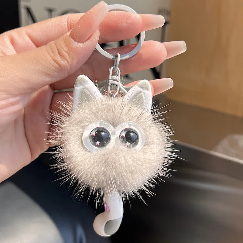 1個入り 可愛い本物のミンクファー子猫カーキーホルダーぬいぐるみボールキーリングペンダントドールバックパックチャーム女性女の子向けギフトキーホルダー