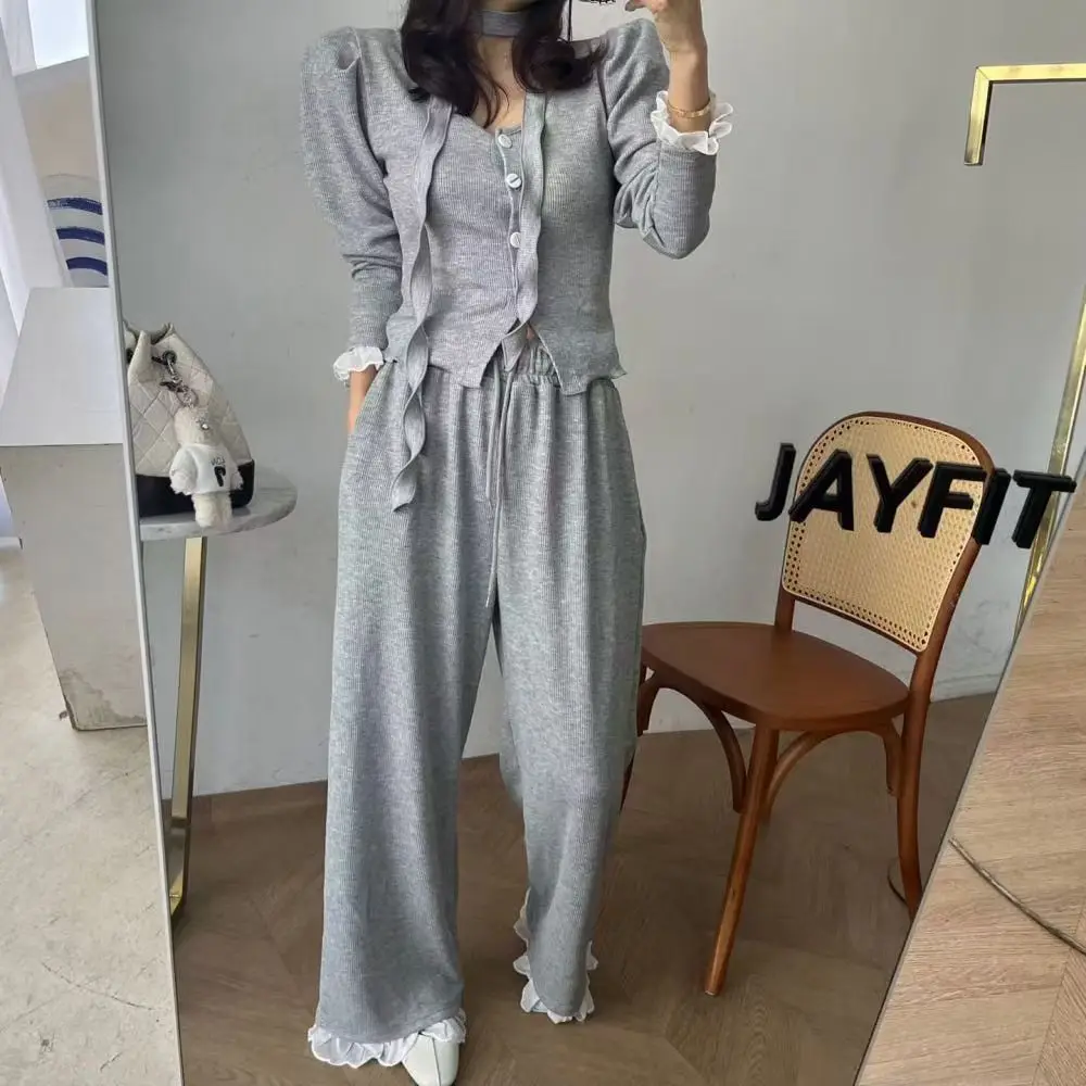 

Вязаный комплект Lazy Sle, женский весенне-осенний молодежный топ с рюшами, прямые брюки, комплект из двух предметов, модный ансамбль