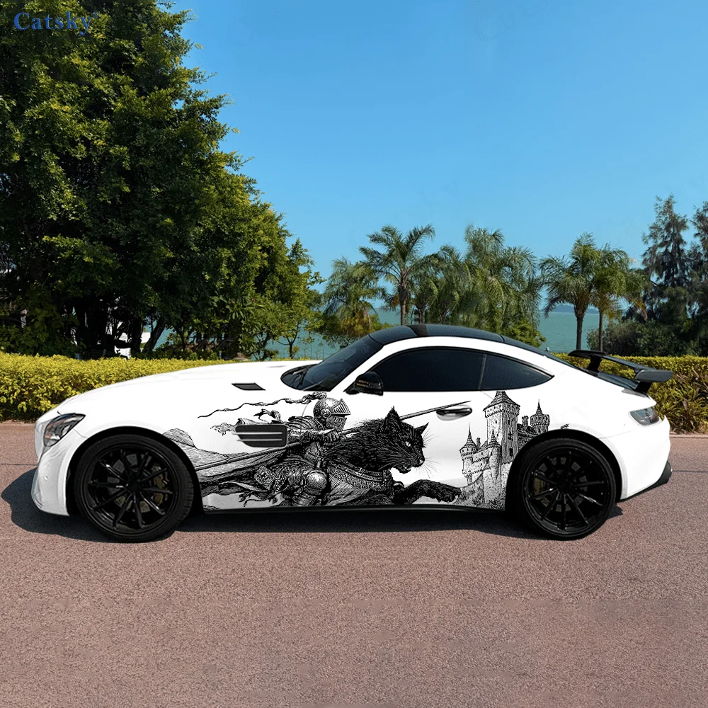 

Medieval Soldier Cat Castle Car Vinyl Wraps Decal Self-adhesive PVC Sticker Suitable for Trucks SUV Decor Auto Accessories Gift