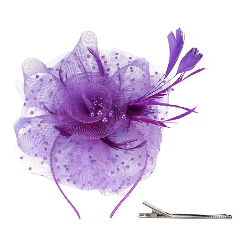 

Exquisite Feathers Fascinator Hat Polka Dot Elegant Tea Party Mesh Hair Band Hair Hoop Sweet Bride Headdress Photography