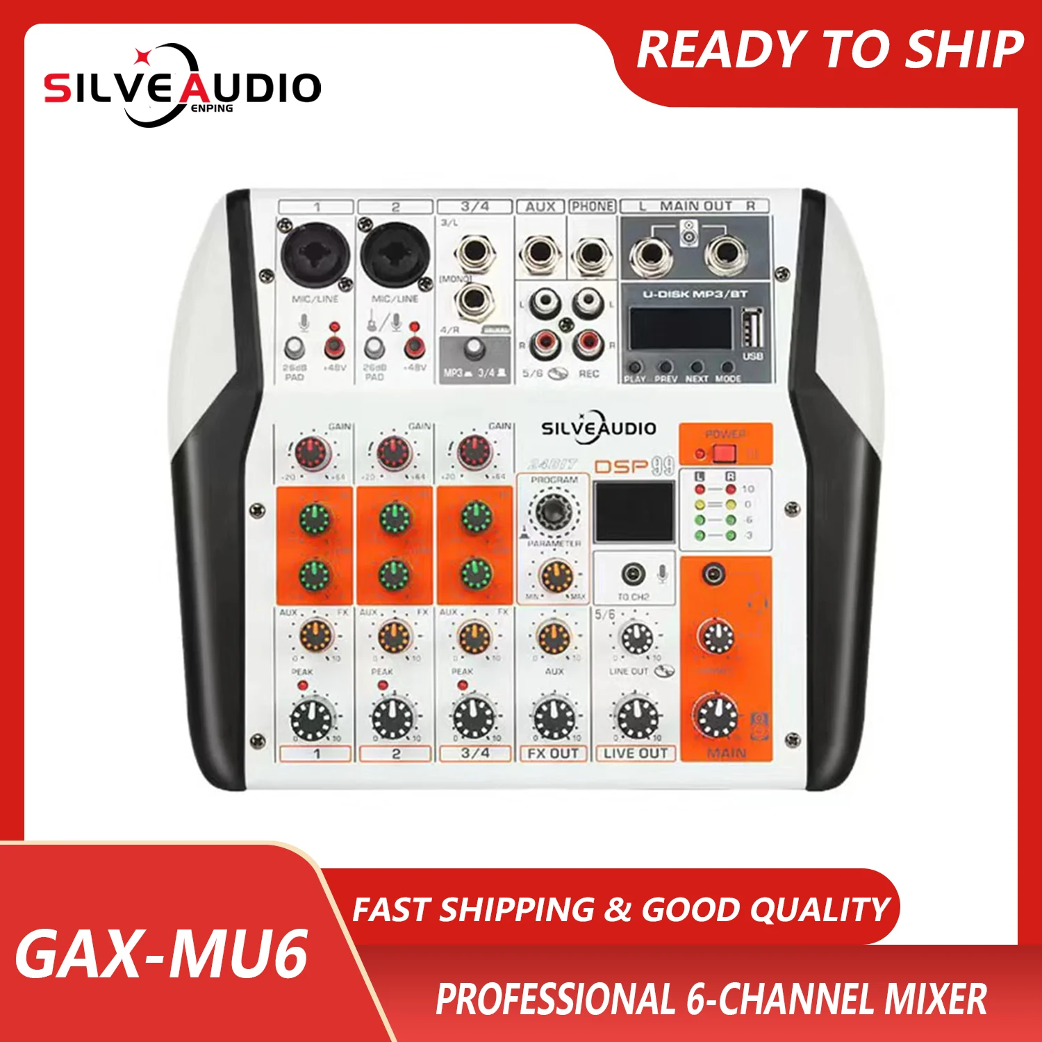 GAX-MU6 Professional Mixing Console Usb Audio Mixer 48V Phantom Power Monitor Record Mini Audio Mixer