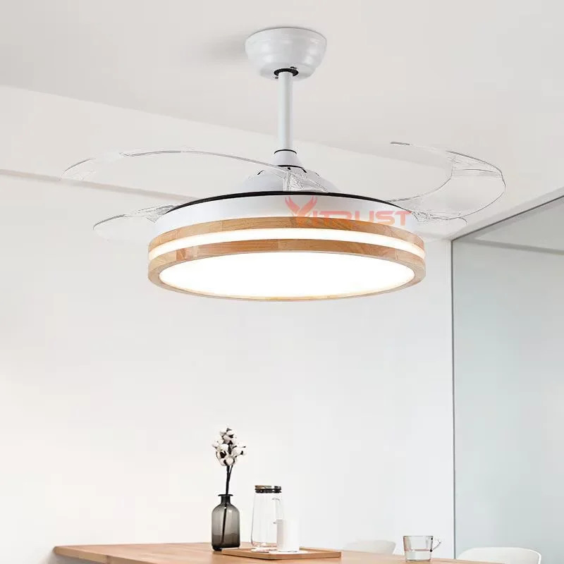 LED Ceiling Fan Light Wood Strong Wind Bright Lamp Invisible Quiet Modern Ceiling Fan Chandelier 110V 220V Remote Control Fan