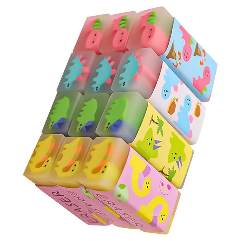 12Pc Cartoon Dinosaurs Erasers Adorable Kids Erasers 4B Pencil Erasers Primary School Stationery Children Prize Gift Color Radom