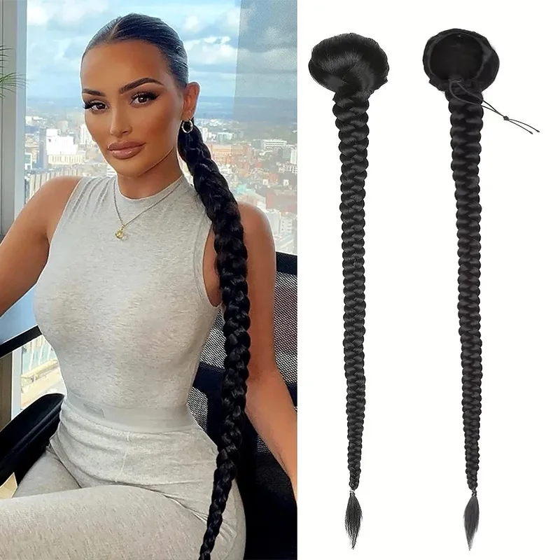 Synthetic Long Braided Ponytail Drawstring Wig for Women Three Strand Fishtail Braid Jumbo Twist Heat Resistant Cosplay Party