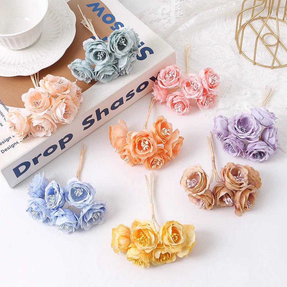 

6Pcs Artificial Flowers Silk Mini Rose Fake Flowers Wedding Decortion Home Room Decor Wreath DIY Gift Accessory Ornament Plant