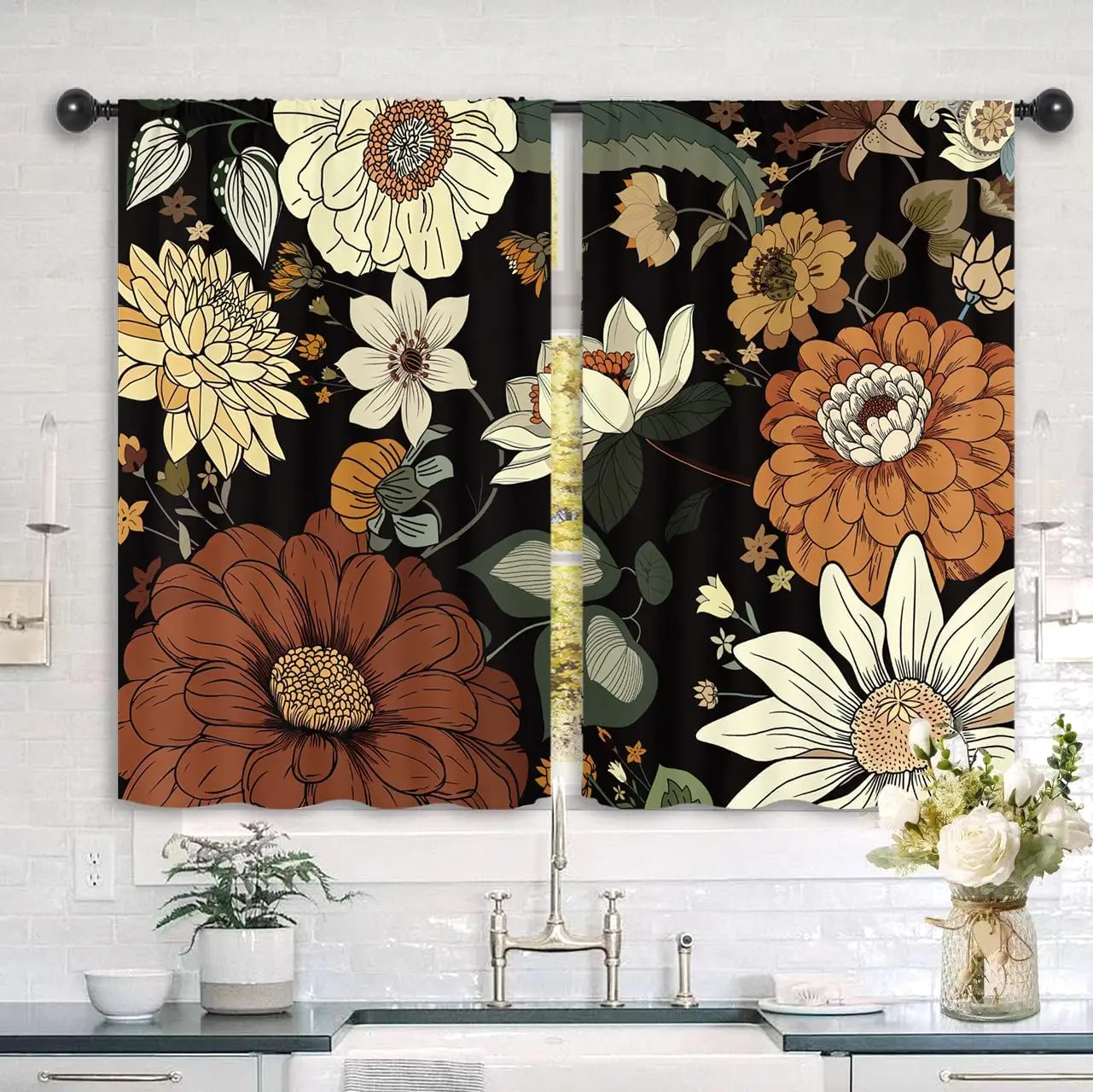 2pcs Floral Botanical Curtains Black Background Autumn Prints Decorative Window Panel Home Decor Curtain Pair for Living Room