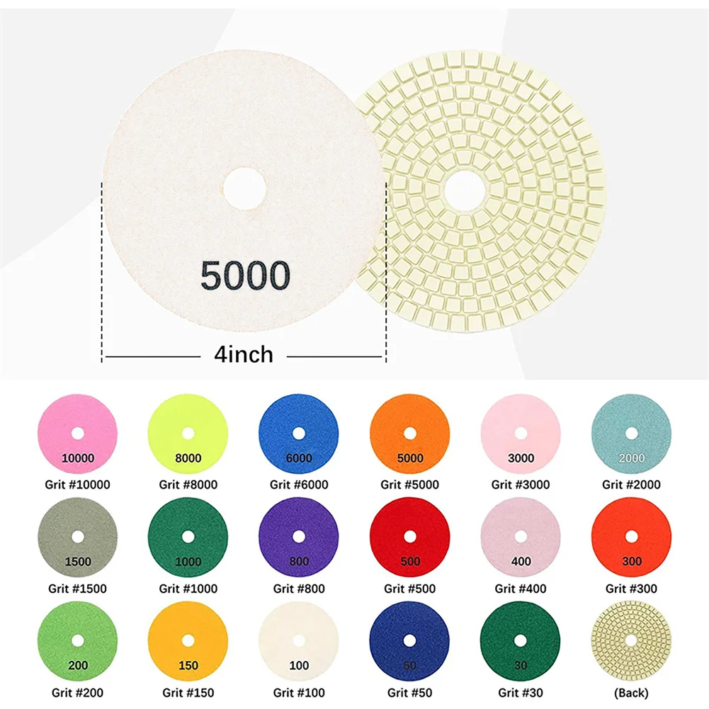 4In 30-10000grit Diamond Polishing Pads Wet/Dry Granite Stone Concrete Marble Sanding Grinding Discs 100mm Hook&Loop Backed