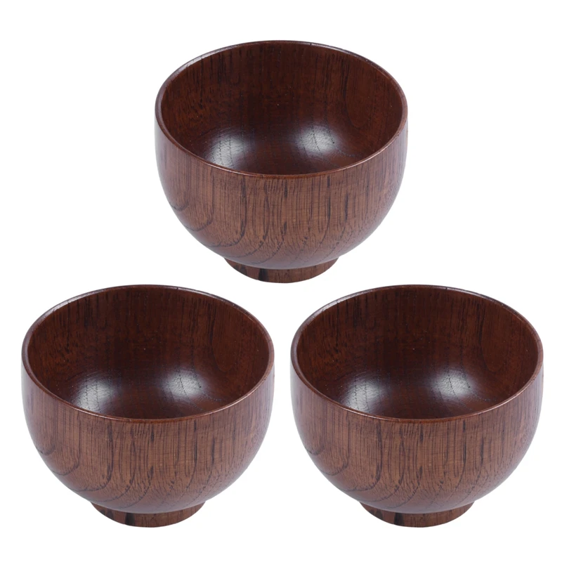 3X Wooden Bowls Wooden Soup Bowl Healthy Food Container Vintage Dinner Tableware Kitchen Accessories