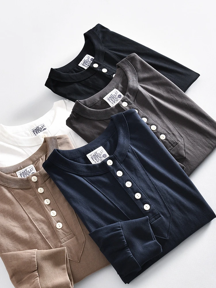

Men's Vintage Cotton Henley Shirt Solid Long-Sleeve Breathable T-Shirt Spring Fall Oversized Button Placket Top Retro Casual Tee