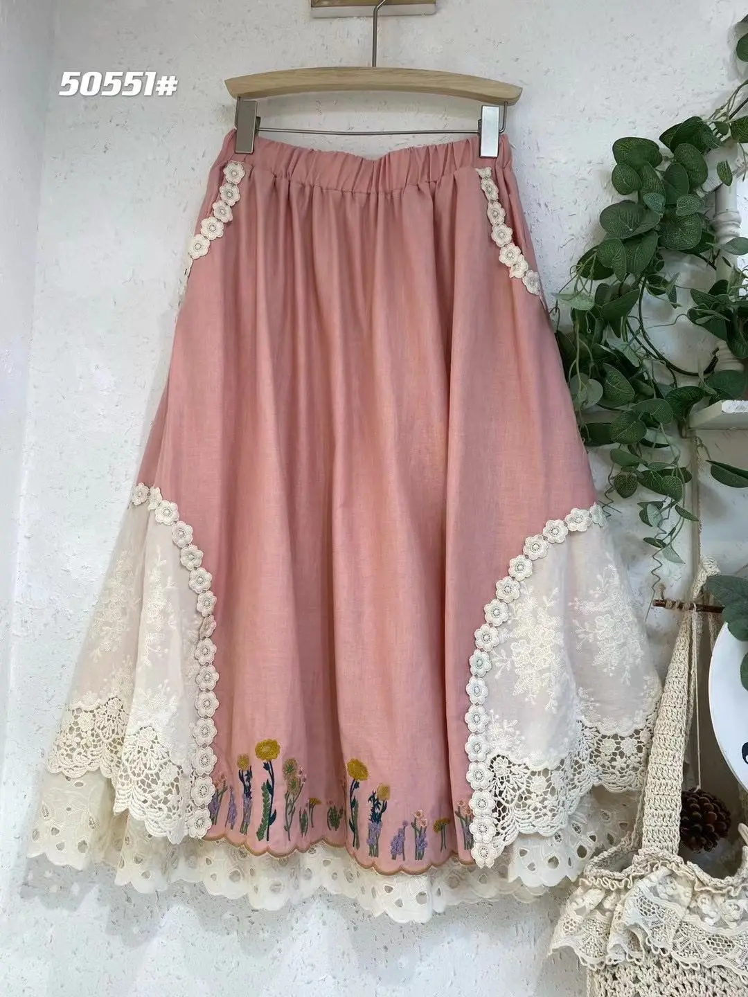 Rok panjang Linen katun perca bordir antik rok panjang wanita Jepang Mori anak perempuan renda ruffle pinggang tinggi rok berlipat A-line mujer