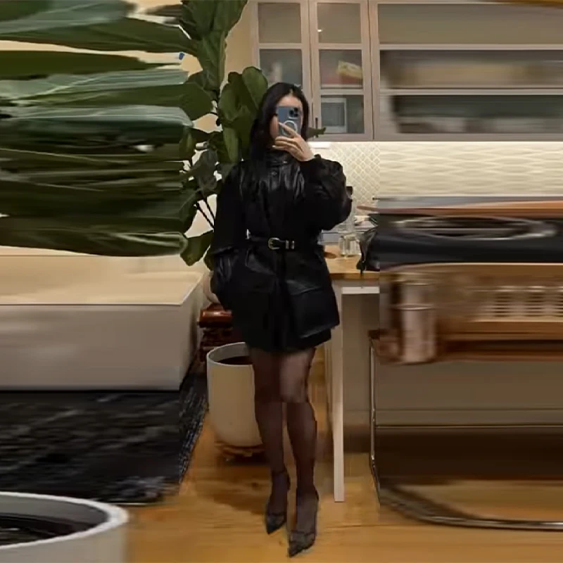 Winter Vielseitig Chic Komfortable Schlanke Leder Jacke Weibliche Dicke Einfache Stehen Neck Kleidung Neue Party Spitze Up Exquisite Mantel