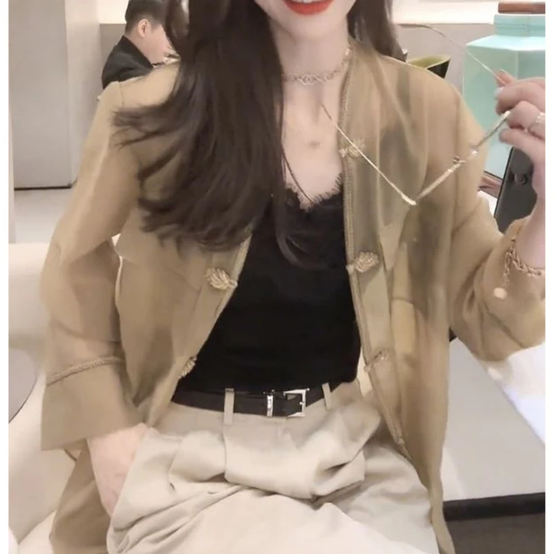 Summer Korean Style Thin Style Shirt Women Stand Collar Fashion Long Sleeve Button Cardigan Solid Color Sheer All-match Tops