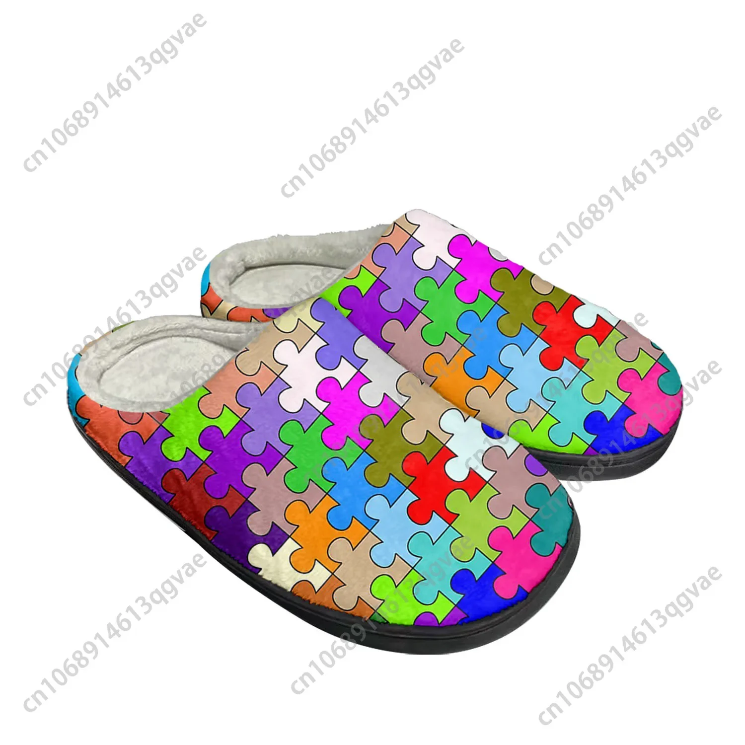 Cetak Puzzle sandal kustom katun rumah Pop sandal Pria Wanita mewah kamar tidur kasual Tetap hangat sepatu sandal termal hitam