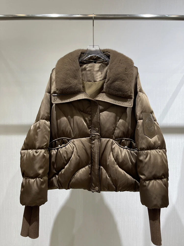 Chaqueta de plumas de ganso con cuello de piel de visón auténtica Natural, Parkas cortas de lujo, ropa de mujer 2024