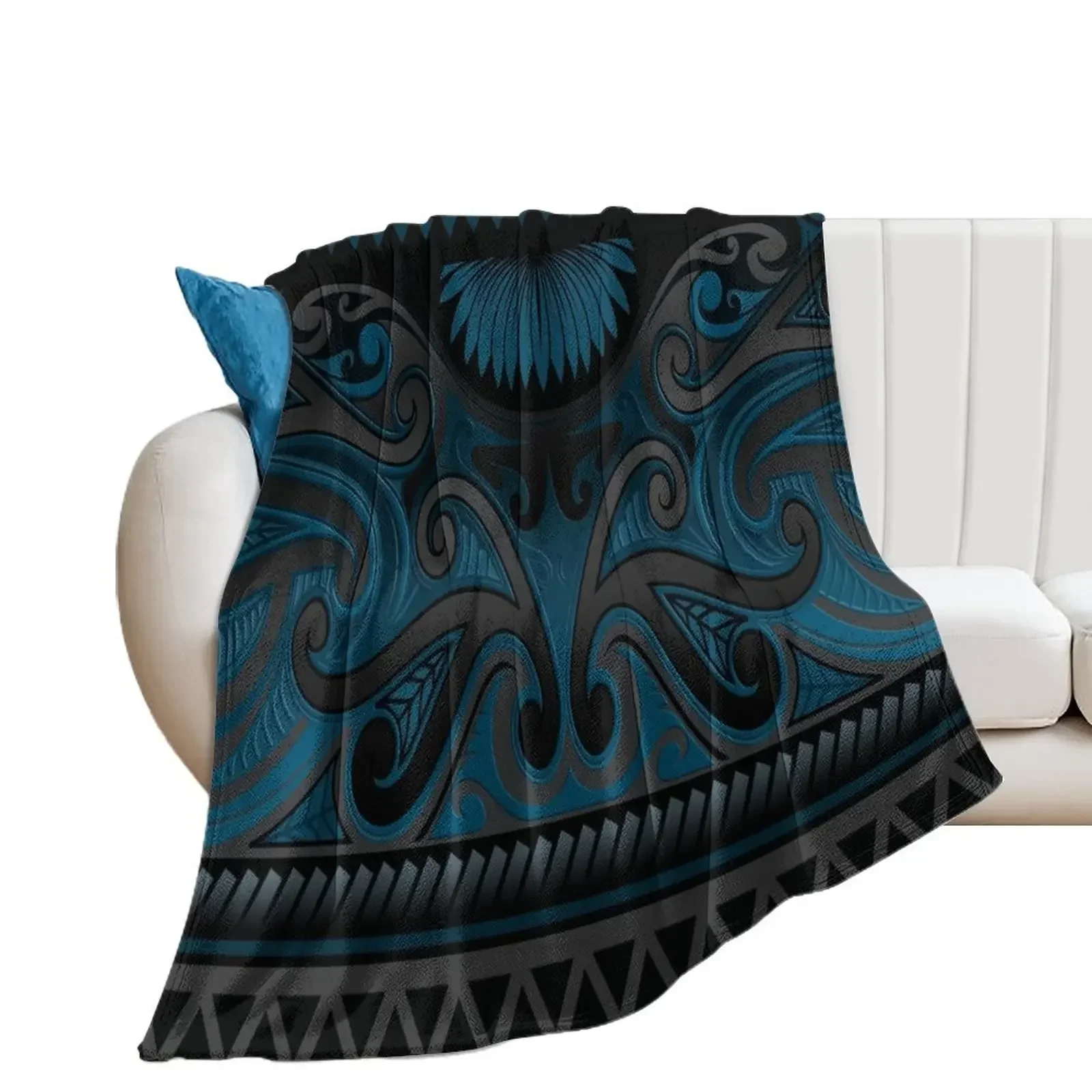 Blue Grey Ornate Maori Design, New Zealand Throw Blanket Sofa Quilt Blankets For Sofas Hairy Blankets