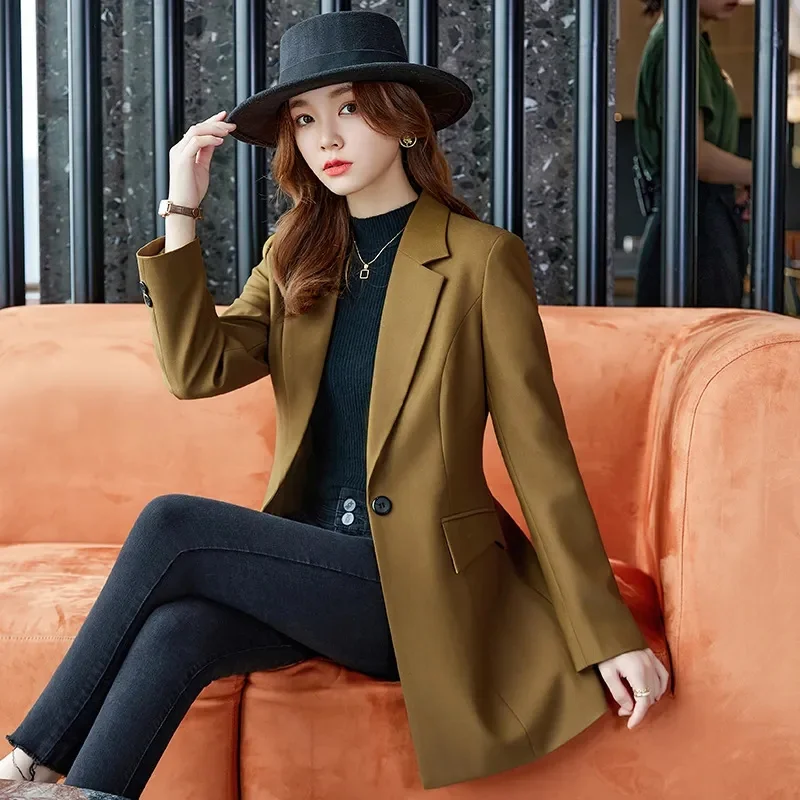 Autumn Winter Ladies Mid Long Blazer Women’s Single Button Black Purple Female Casual Jacket Coat Office Blazer Female Outerwear