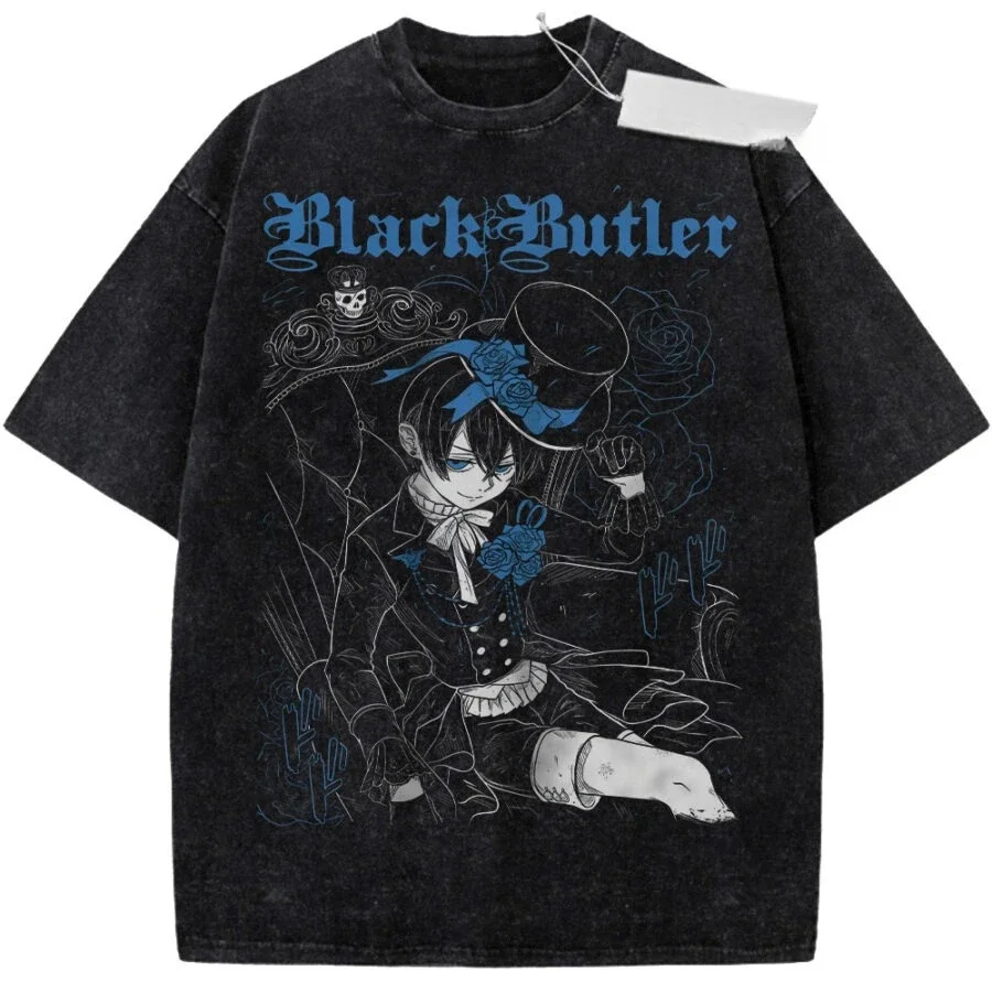 Black Butler Graphic T‑Shirt Vintage Gothic Rose Print Men Women Casual Short Sleeve Unisex Streetwear Washed Anime Tees Tops