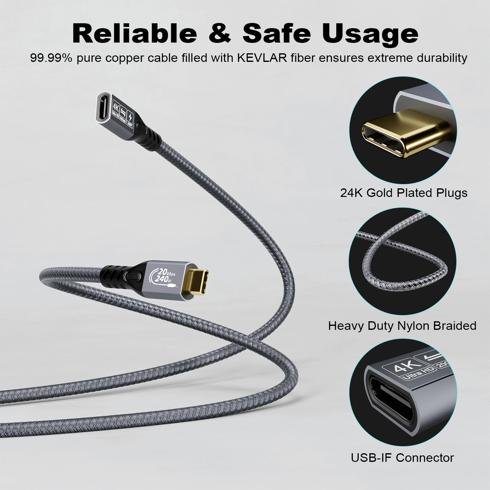 20Gbps USB C 3.2 Extension Cable, USBC 3.2 Gen2 Type-c Male to Female Extender Cable Ultra HD 4K@60Hz 240W Charging 20Gbps Data