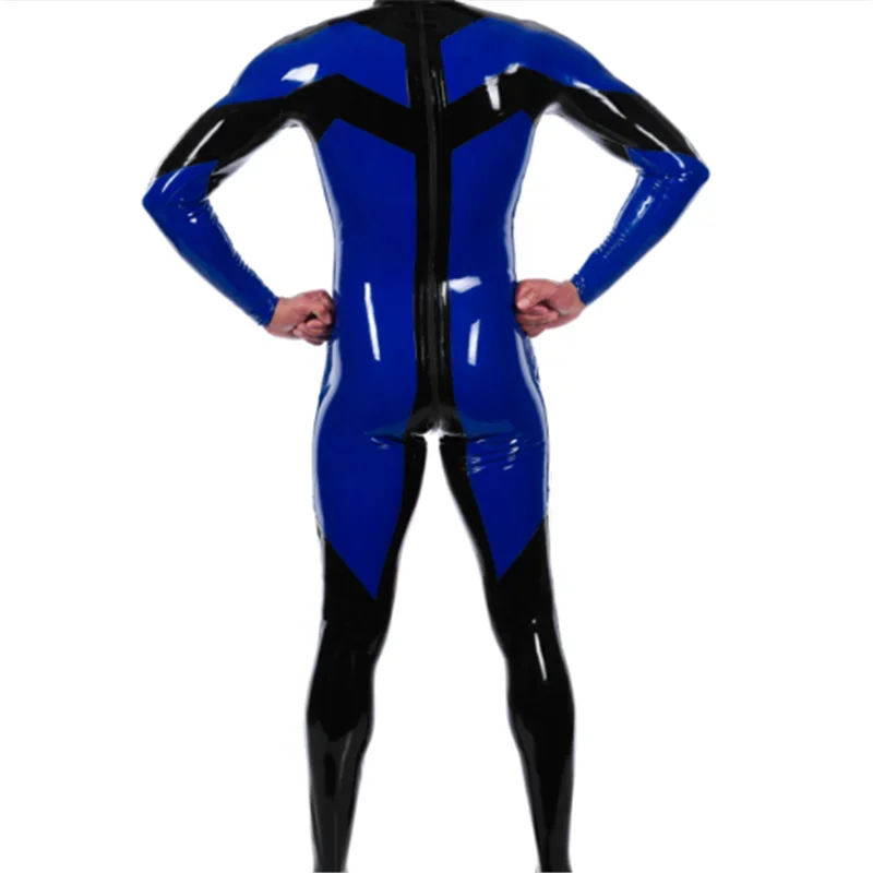 Latex Man Bodysuit Rubber Catsuit with Socks Back Zippers Cosplay Costume Blue with Black