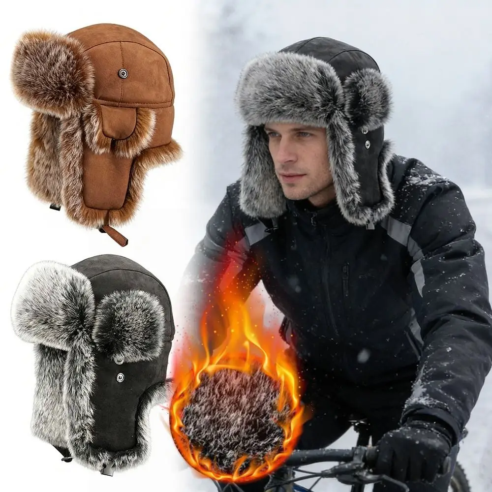 

New Warm Bomber Hats Windproof Imitation Faux Fur Trapper Hat Ski Cap Winter