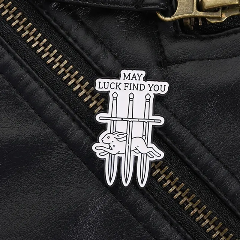 Tarot Rabbit Swords Enamel Pin, May Luck Find You Dark Gothic Brooch for Mystic Fans and Alternative Fashion Accessory