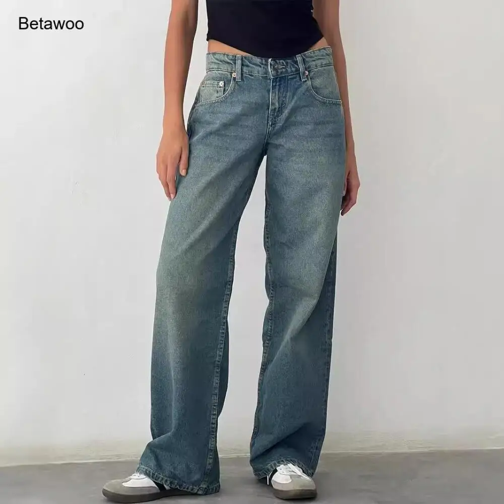 Vintage Washed Low Rise Wide Leg Jeans Black Gray Gradient Loose Fit Denim Pants