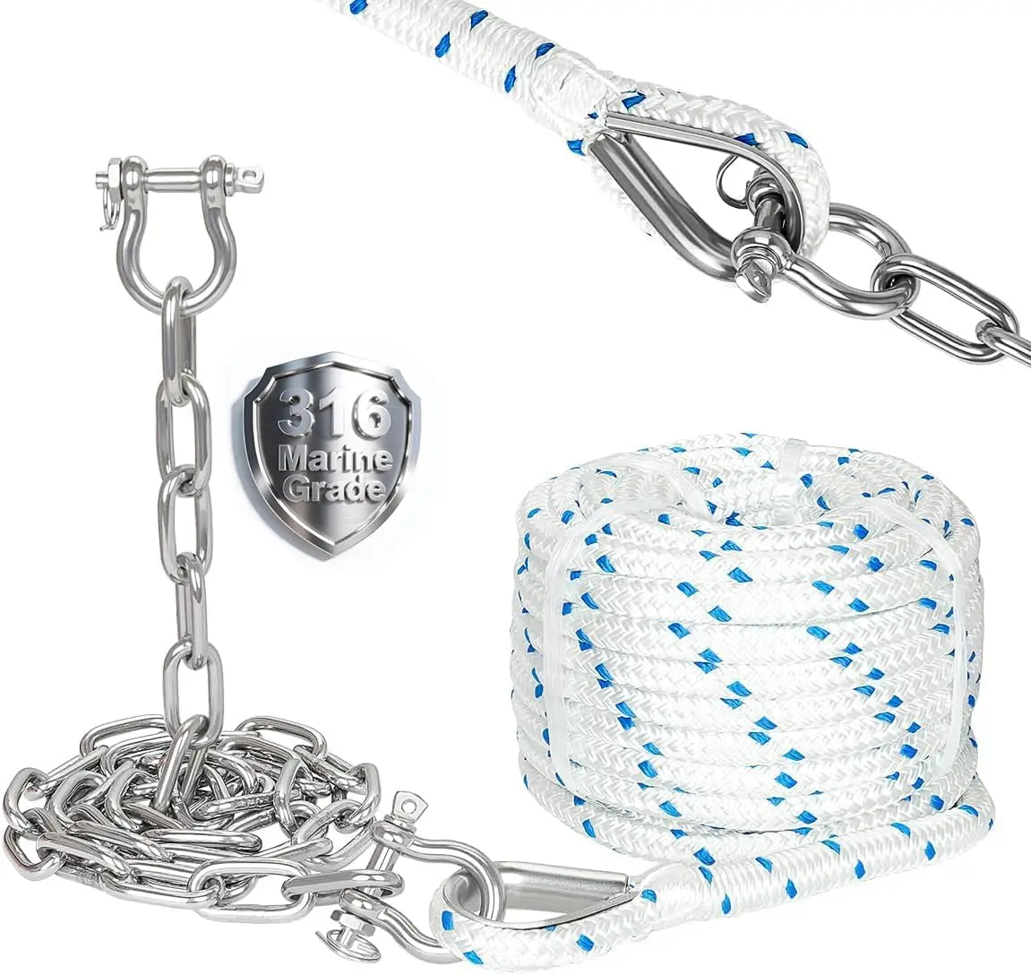 

3/8" Anchor Rope 100 ft with 3/16" Chain 6 ft, Shackles & Thimble for Boats