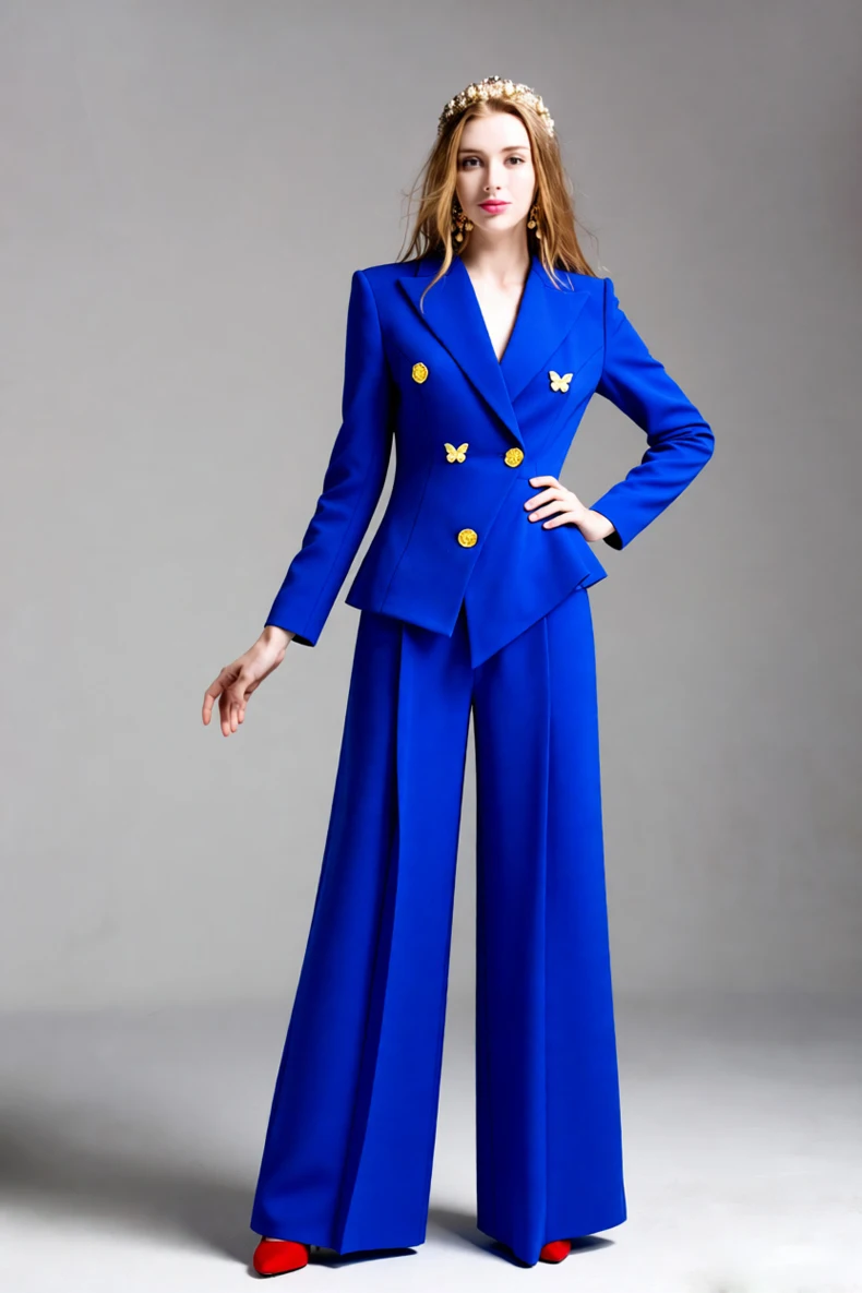 طقم نسائي بليزر بيبلوم باللون الأزرق الملكي بنطال ذو قصة أرجل واسعة وصدر مزدوج وزر ذهبي مزين بالفراشات مكون من قطعتين للمكتب #6