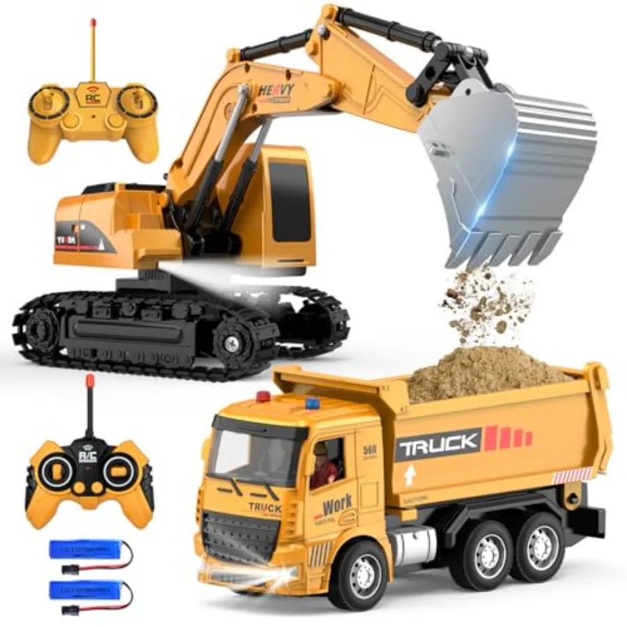 

Remote Control Excavator and Dump Truck Toy Set with Barricades Road Signs Simulated Rocks Lights and Sounds for Toddlers 3-12