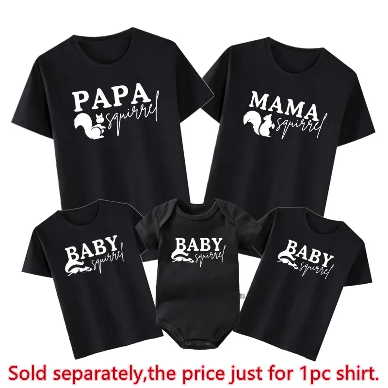 New Papa Mama Baby Squirrel Print Family Shirts Cotton Macthing Dad Mom Kids Tshirt Baby Rompers Funny Family Look Outfits